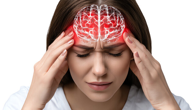 A woman experiencing a headache, showing facial discomfort and holding her head. The overlay emphasizes brain activity, symbolizing stress or mental fatigue.