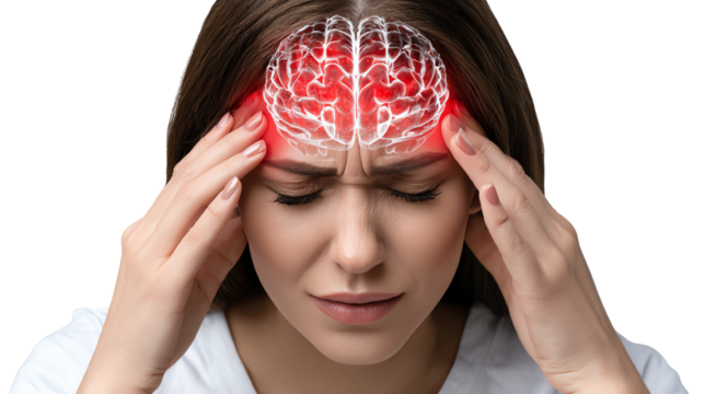 A woman experiencing a headache, showing facial discomfort and holding her head. The overlay emphasizes brain activity, symbolizing stress or mental fatigue.