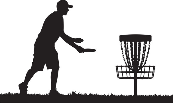Disc golf player throwing a disc in the basket
