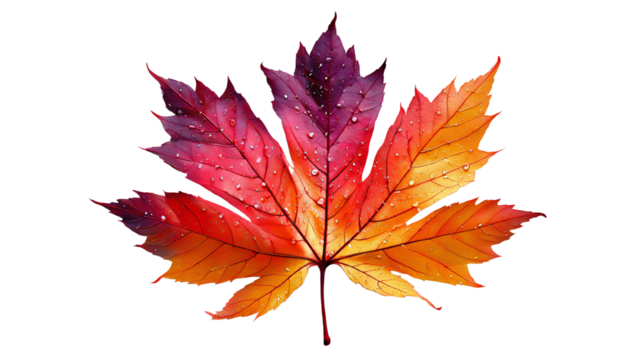 A vibrant autumn leaf showcasing a mesmerizing blend of red, orange, and yellow hues. Perfect for nature-themed projects or seasonal designs. Isolated on a white background.