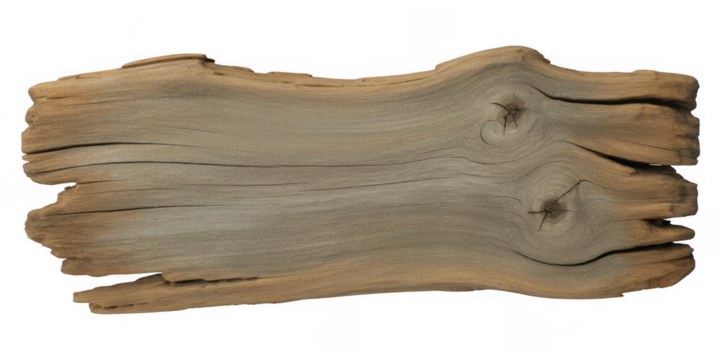 Weathered wood plank with knots isolated on a transparent background