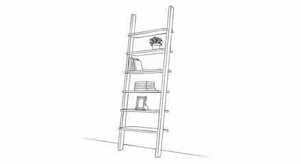 Line Art Illustration of a Ladder Shelf with Books and Plant.