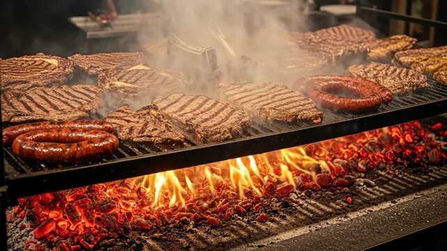 Juicy grilled meat with flames and smoke rising on a barbecue grill