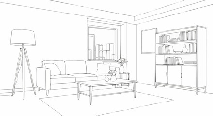 Living Room Interior Sketch with Sofa, Table, Lamp, and Shelf.