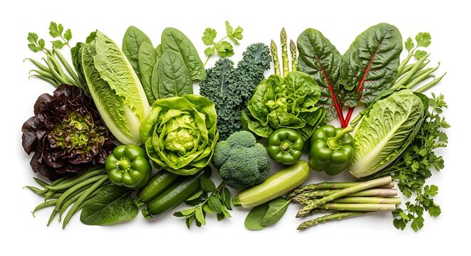 Assortment of fresh green vegetables including lettuce broccoli bell peppers asparagus zucchini and spinach arranged on a white background - Powered by Adobe