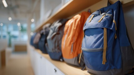 A school storing emergency backpacks with first-aid kits, flashlights, and water bottles along hallway shelves &mdash; disaster readiness, built-in emergency resources, and organized campus resilience.