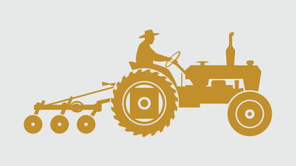 Farmer driving an old tractor with a plow attached working in a field agricultural scene silhouette