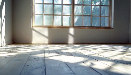 Sunlight streams through a large, multi-paned window, casting intricate shadows across a light-colored wooden floor in an empty room.