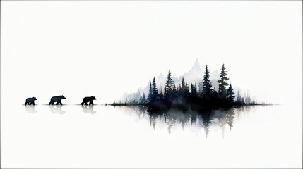 Three bears walk in a line across a reflective body of water, with a misty forest and mountains in the background.