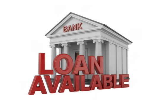 White Bank Building with Red Loan Available Text isolated on a transparent background - Powered by Adobe