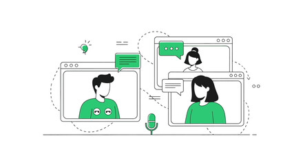 Conceptual illustration of virtual communication technology and online meetings