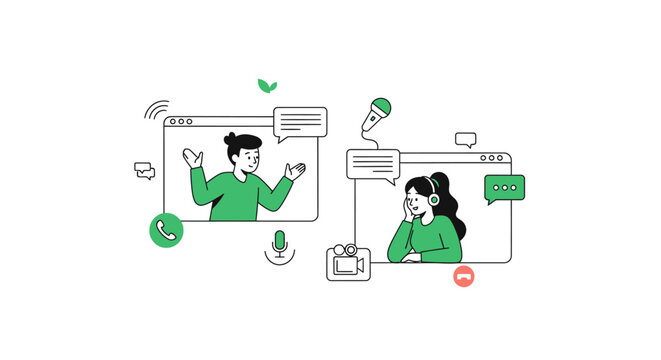 Virtual engagement: Illustrated vector art of online communication with video call connections