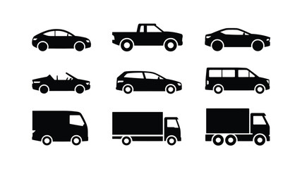 Collection of various vehicle silhouettes including cars trucks vans and a convertible representing transportation and automotive design silhouette