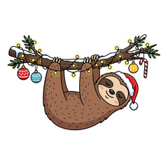Fototapeta premium Adorable Christmas sloth hanging from a festive branch with lights and ornaments spreading holiday cheer