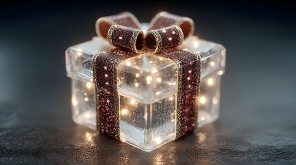 Elegant transparent gift box with glitter ribbon and bow glowing with warm internal lights on a dark reflective background perfect for festive occasions