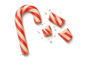 Broken candy cane pieces on transparent background, symbolizing holiday accident, shattered festive joy, or crushed spirit