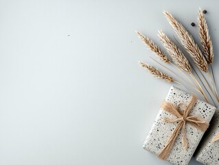 A minimalist composition featuring two gifts wrapped in speckled paper and tied with twine, alongside dried wheat stalks and peppercorns, set against a light bl