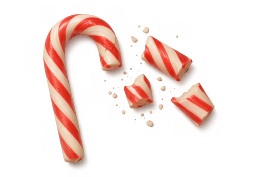 Broken candy cane pieces on transparent background, symbolizing holiday accident, shattered festive joy, or crushed spirit