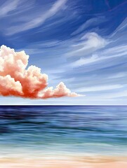 A serene seascape featuring a vast blue ocean under a sky filled with wispy clouds, some tinged with pink, and a sandy beach in the foreground.