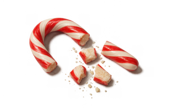 Broken candy cane with red and white stripes and shattered pieces, symbolizing disappointment or short-lived joy