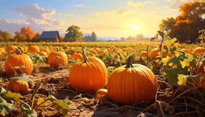 Golden Sunset over a Bountiful Autumn Pumpkin Patch Field