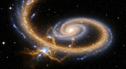 Spiral galaxy with bright center and arms of stars and dust in deep space