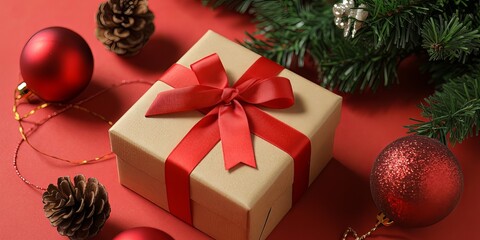 Luxuriously Wrapped Christmas Gift Box with Velvet Ribbon on Rustic Wooden Surface