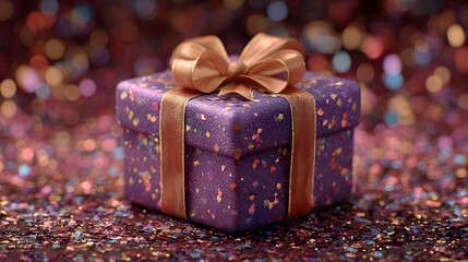 Festive purple gift box with golden ribbon and bow decorated with glitter and confetti set against a blurred shimmering bokeh background perfect for holidays and special occasions