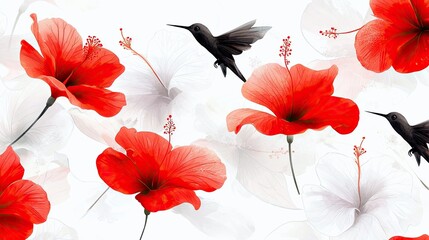 A seamless pattern featuring bright red hibiscus flowers and silhouetted black hummingbirds on a white background.
