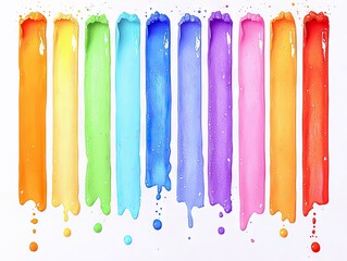 A row of colorful liquid popsicles, resembling a rainbow, are dripping down a white surface.