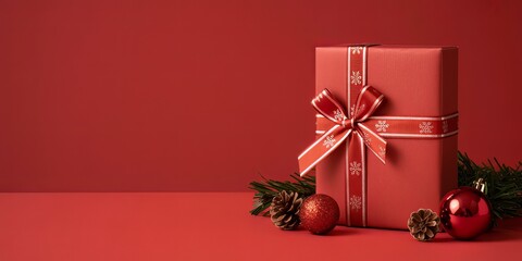 Luxuriously Wrapped Christmas Gift Box with Velvet Ribbon on Rustic Wooden Surface