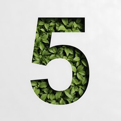 Number five filled with fresh green leaves isolated on white background