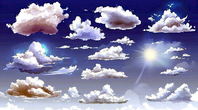 A variety of clouds, from wispy to dense, are scattered across a vibrant blue sky, illuminated by a radiant sun.