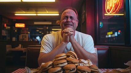 A man sits at a diner, overwhelmed and in distress as he stares at a mountain of burgers in front of him. It's a late night, and he's clearly torn over taking on this food challenge