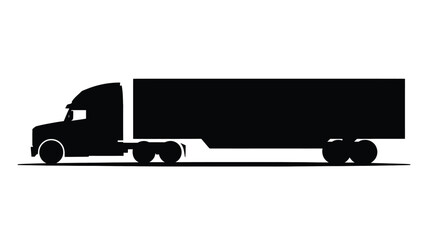 Bold black silhouette of a modern semi trailer truck with a long cargo box on a white background representing transportation and logistics silhouette
