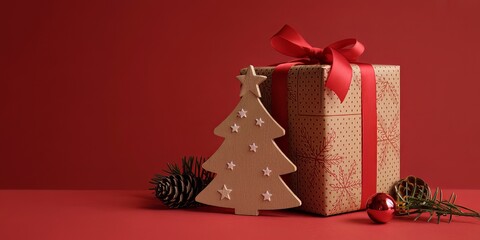 Luxuriously Wrapped Christmas Gift Box with Velvet Ribbon on Rustic Wooden Surface