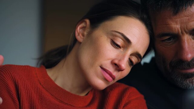 A couple sits closely together on a couch in their living room, sharing warmth and smiles as they watch a favorite program on a tablet. The atmosphere is calm and intimate