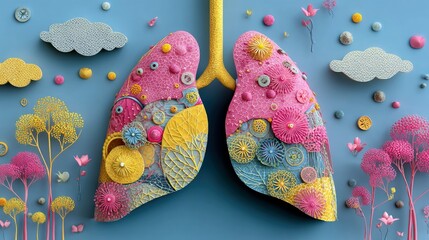 A pair of stylized lungs adorned with colorful flowers, circular patterns, and fluffy clouds against a blue background.