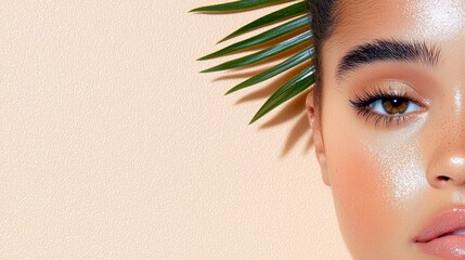 A close-up portrait of a woman's face, featuring her eye, cheek, and lips, adorned with a green palm leaf and highlighted with dewy makeup.