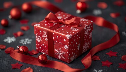 Luxuriously Wrapped Christmas Gift Box with Velvet Ribbon on Rustic Wooden Surface