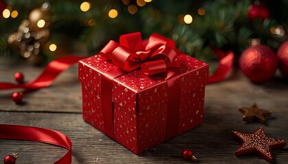 Luxuriously Wrapped Christmas Gift Box with Velvet Ribbon on Rustic Wooden Surface