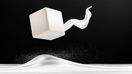 A white cube is suspended in the air, with a splash of white liquid flowing from it and sugar granules scattered below.