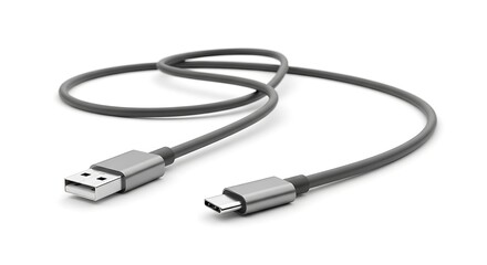 Gray U S B Type A to U S B Type C charging cable coiled on a white background image