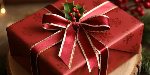Luxuriously Wrapped Christmas Gift Box with Velvet Ribbon on Rustic Wooden Surface