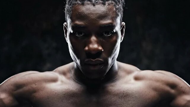 An intense dramatically lit close-up of a muscular man with braided hair his glistening skin highlighted against a dark background