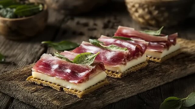 Cured meat and cheese layered appetizers on rustic wood