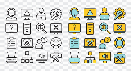 IT Support and Technical Service Icons Collection IT Support Vector Icons – Modern Technical Assistance Set Technical Service Line Icons – Clean Minimal IT Support Graphics