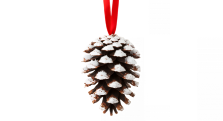 Decorative pine cone ornament with snow accents hanging from a red ribbon loop