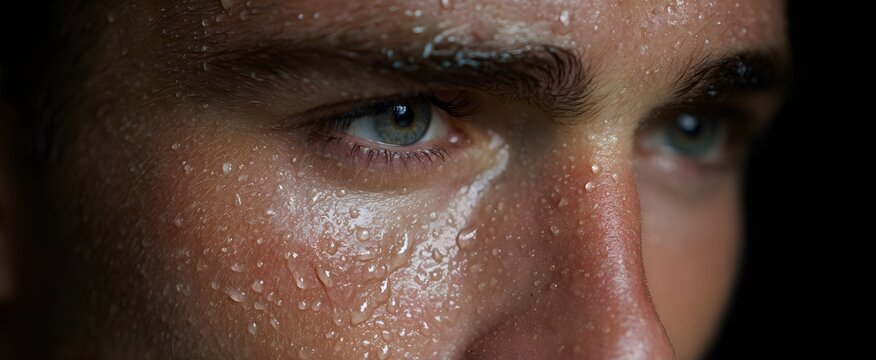 The forehead shining with drops of sweat while working hard.