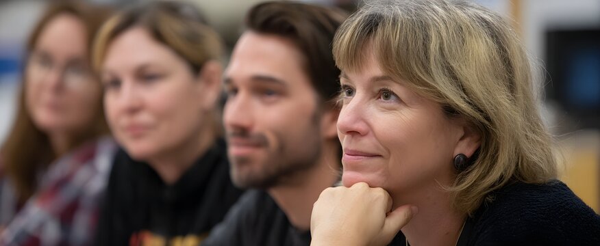 The group leans forward in attentive listening filled with curiosity and deep engagement during discussion